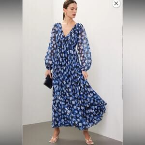 RTR ML Monique Lhuillier Melanie Black White & Blue Floral Maxi Dress Sz‎ 10